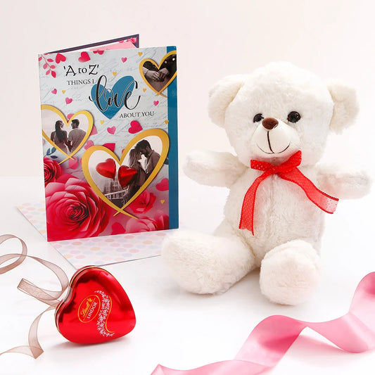 White Teddy Bear with Lindt Chocolate and Greeting Card