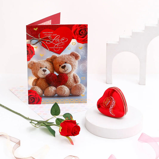 Sweetheart Love Teddy Greeting Card With Rose and Chocolates