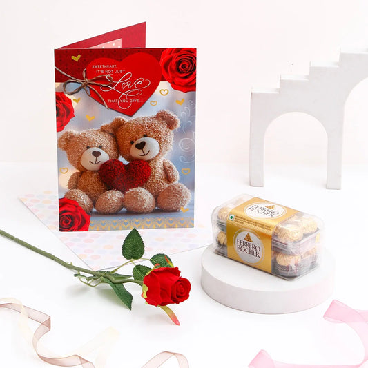 Sweetheart Love Teddy Greeting Card With Rose and Ferrero Rocher