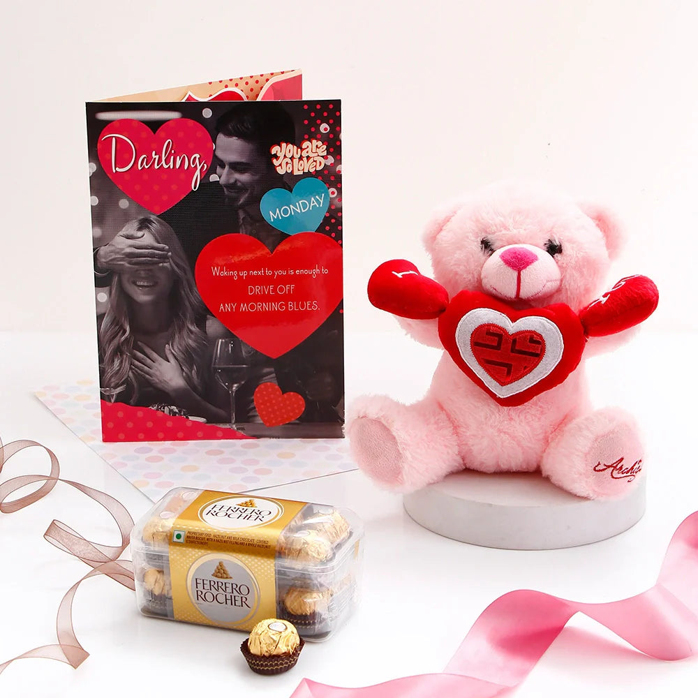 Pink Mini Teddy Bear with Chocolate and Greeting Card