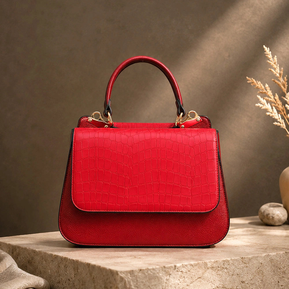 Crimson Croc-Flap Handbag