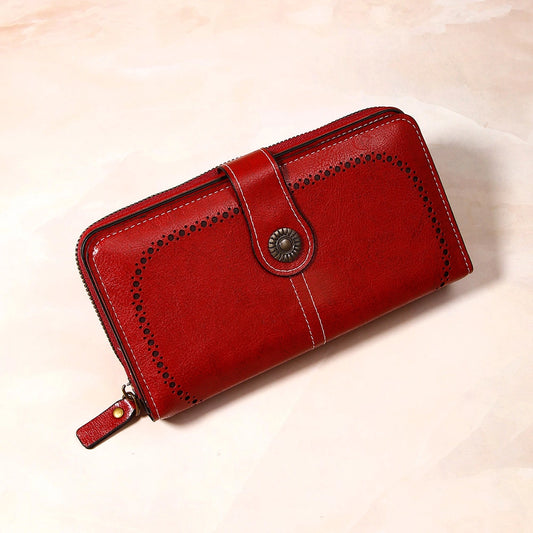 Maroon Brogue-Perforated Tab Wallet