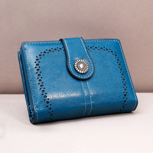 Petrol Blue Laser-Cut Vintage Button Bifold Wallet