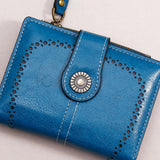 Petrol Blue Laser-Cut Vintage Button Bifold Wallet