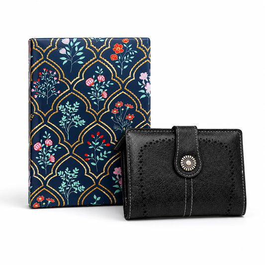 Floral Diary with Black Vintage Button Wallet Teacher's Day Gift Combo
