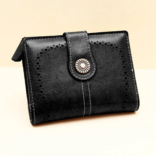 Black Laser-Cut Vintage Button Bifold Wallet