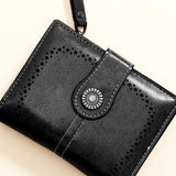 Black Laser-Cut Vintage Button Bifold Wallet
