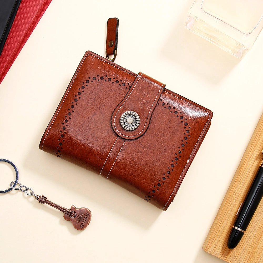 Tan Brown Laser-Cut Vintage Button Bifold Wallet