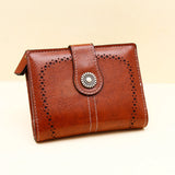Tan Brown Laser-Cut Vintage Button Bifold Wallet