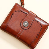 Tan Brown Laser-Cut Vintage Button Bifold Wallet
