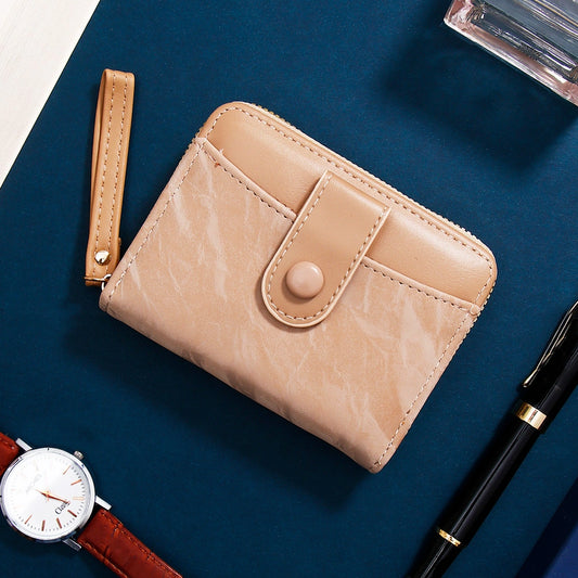 Beige Two-Tone Zip-Around Wallet with Wristlet Strap
