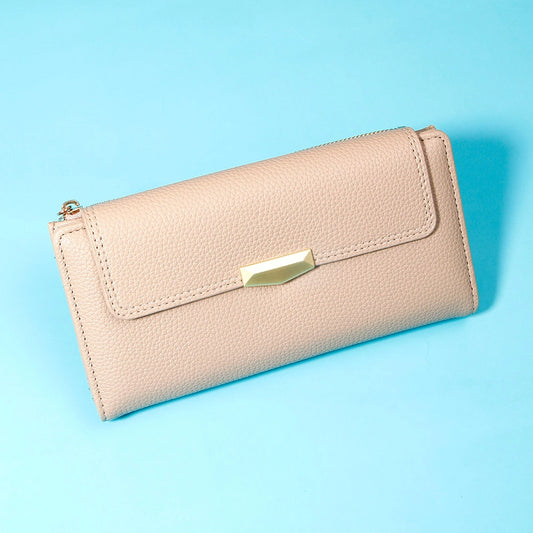 Beige Pebbled-Texture Flap Wallet
