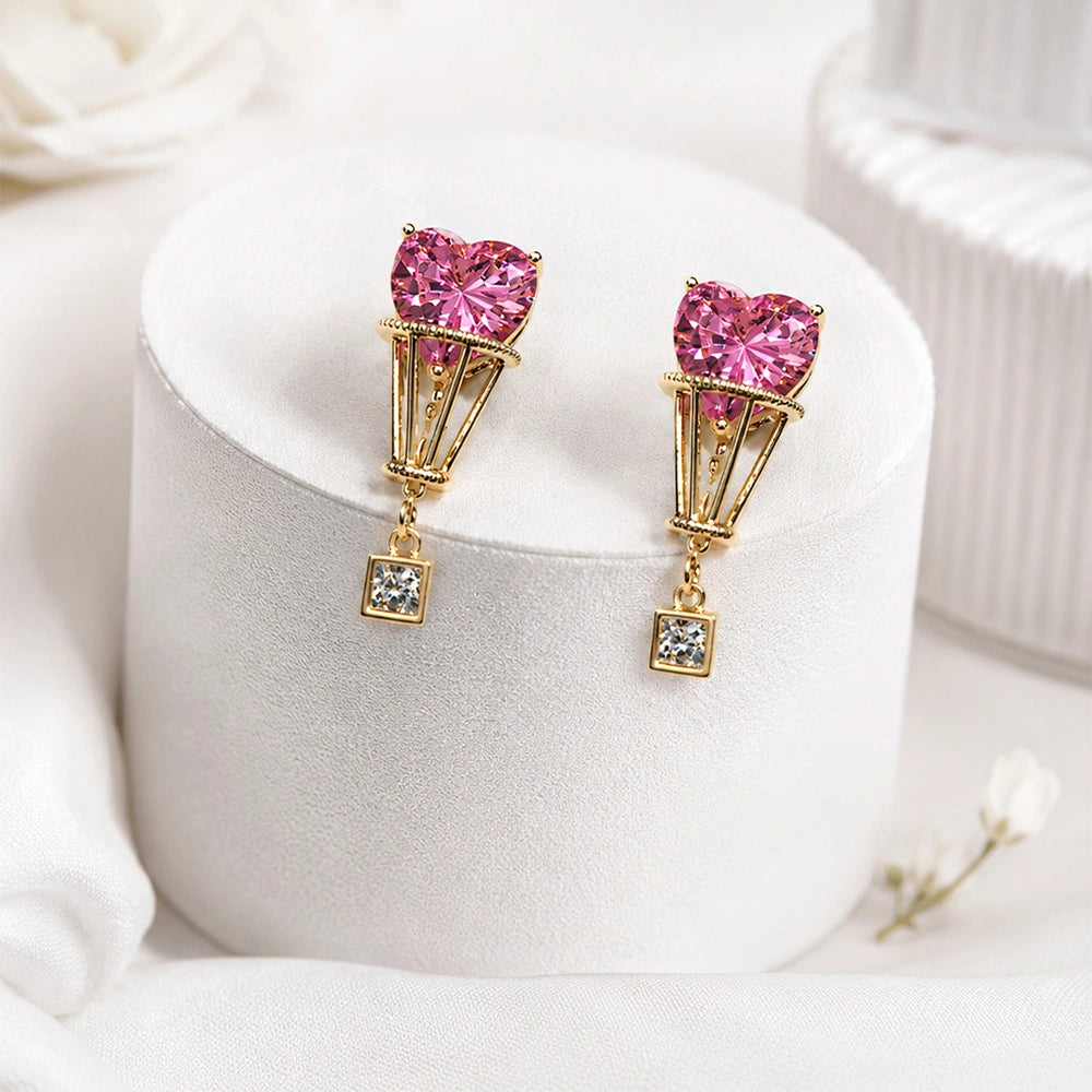Pink Heart Drop Stud Earrings