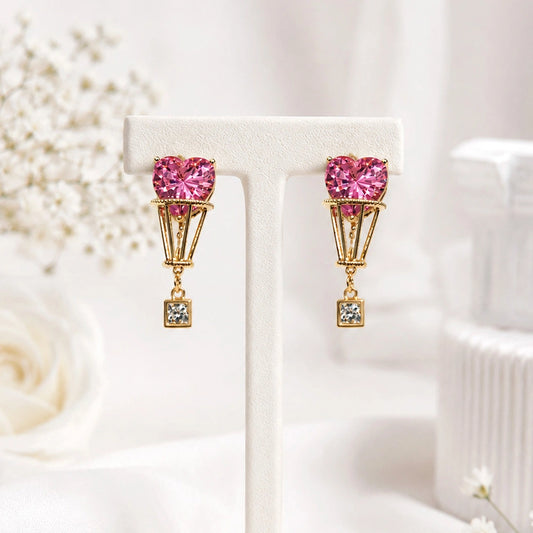 Pink Heart Drop Stud Earrings