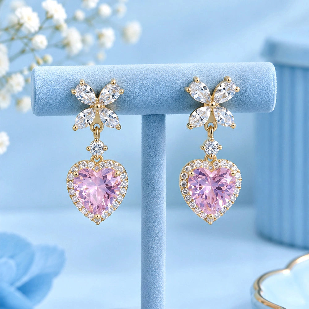 Pink Heart Halo Butterfly Drop Earrings