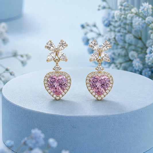 Pink Heart Halo Butterfly Drop Earrings