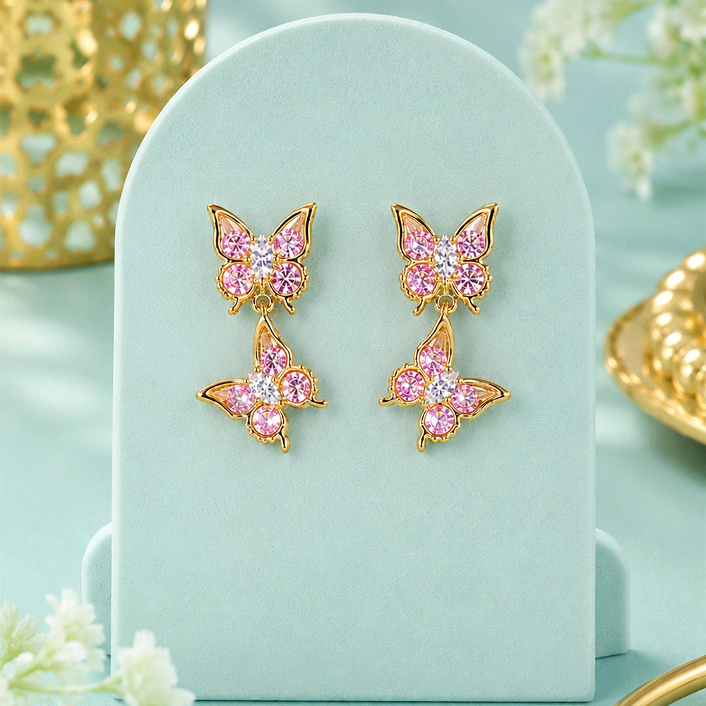 Pink Butterfly Double Dangle Earrings