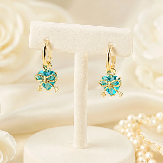 Teal Heart Bow Hoop Earrings