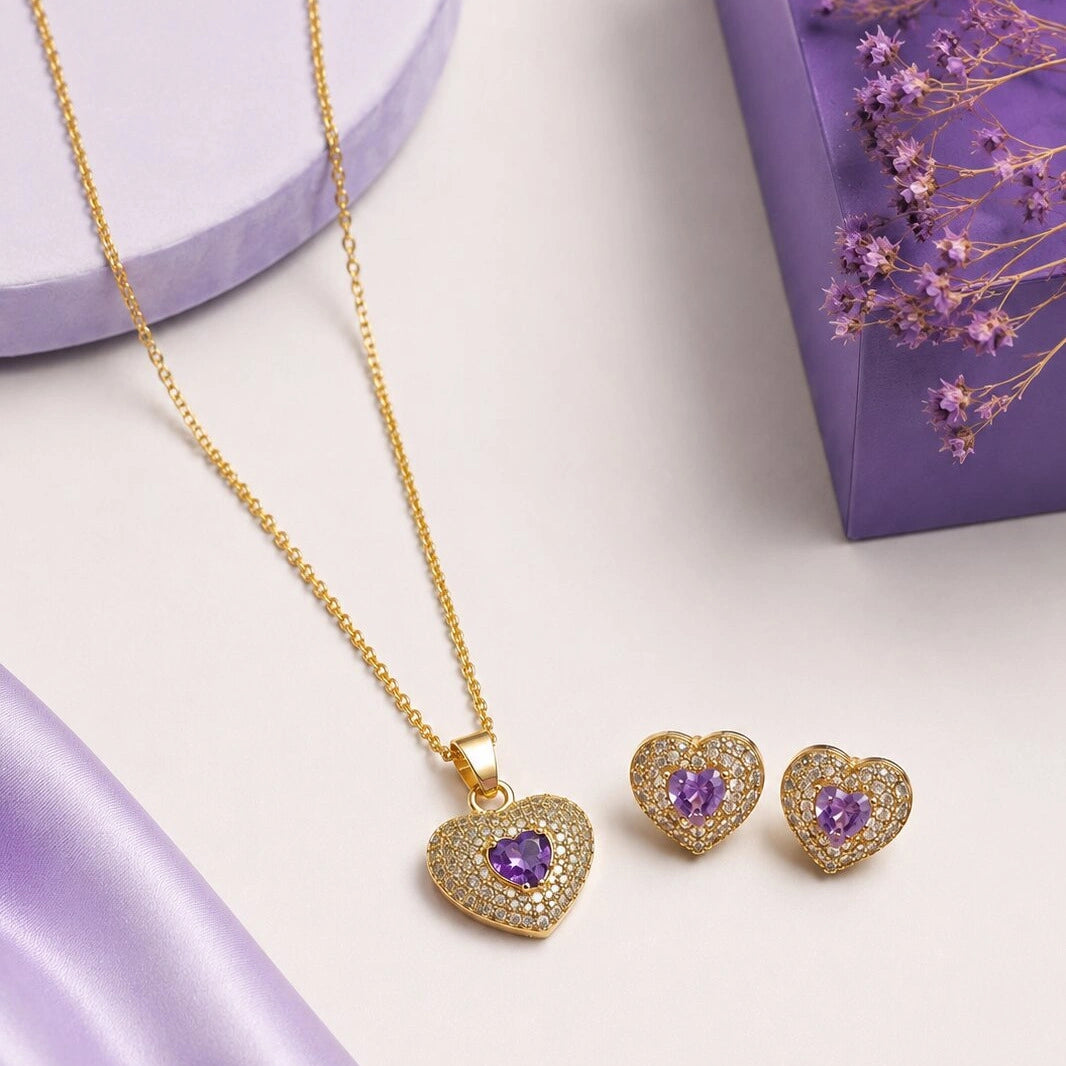 Purple Heart Pave Pendant and Earring Set
