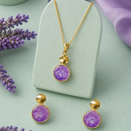 Purple Drop Round Pendant and Earring Set