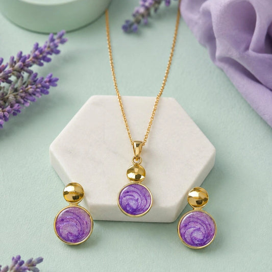 Purple Drop Round Pendant and Earring Set