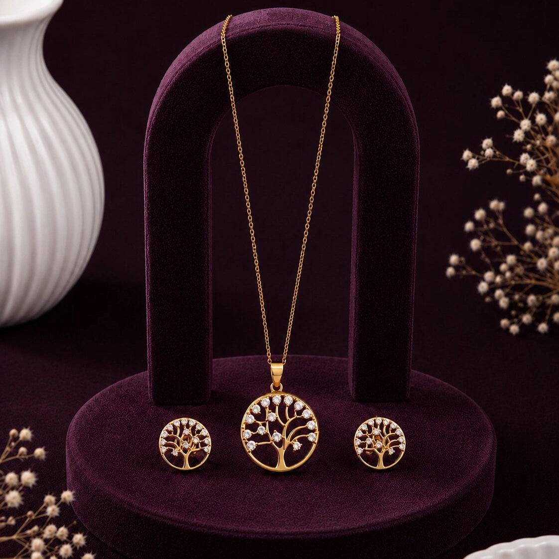 Golden Tree of Life Pendant and Earring Set