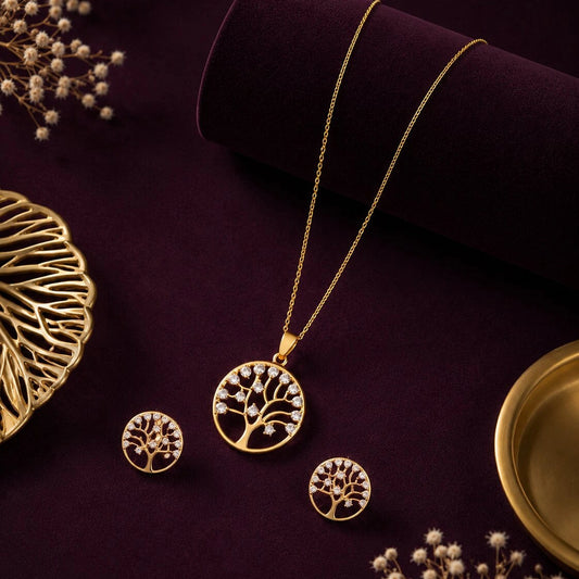 Golden Tree of Life Pendant and Earring Set