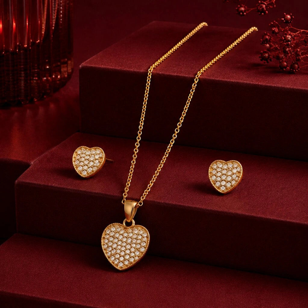 Golden Pave Heart Pendant and Earring Set