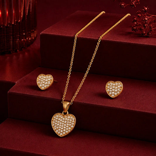 Golden Pave Heart Pendant and Earring Set