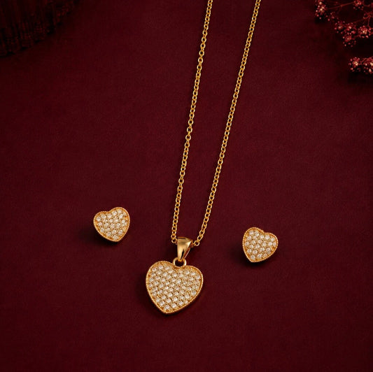 Golden Pave Heart Pendant and Earring Set