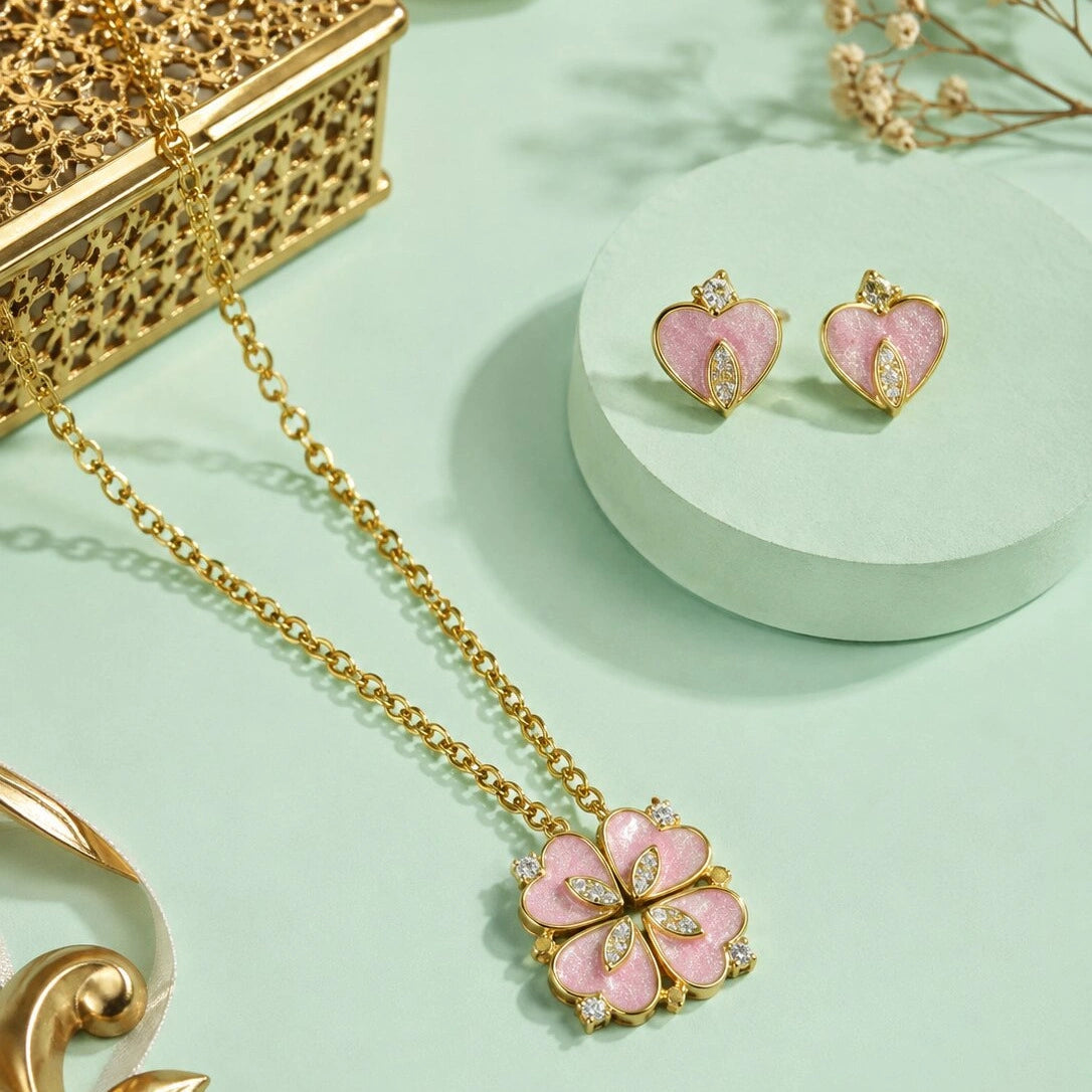 Pink Clover Heart Pendant and Earring Set