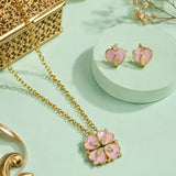 Pink Clover Heart Pendant and Earring Set