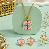 Pink Clover Heart Pendant and Earring Set