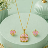 Pink Clover Heart Pendant and Earring Set