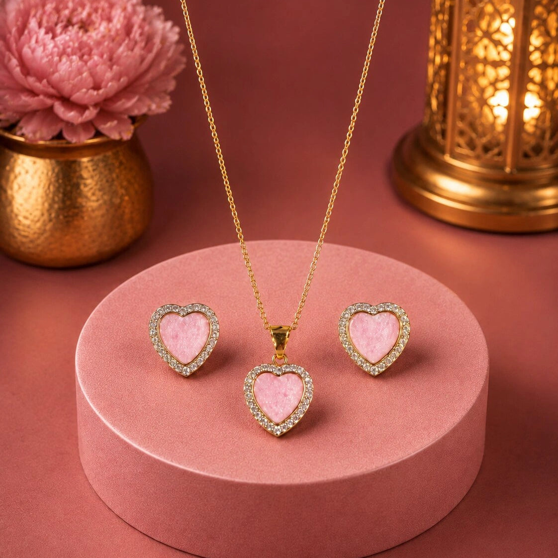 Pink Heart Halo Pendant and Earring Set