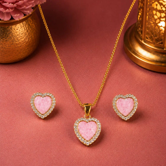 Pink Heart Halo Pendant and Earring Set