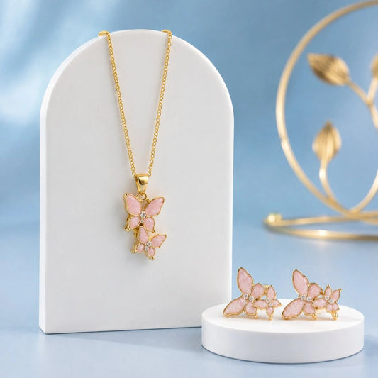 Pink Butterfly Cluster Pendant and Earring Set