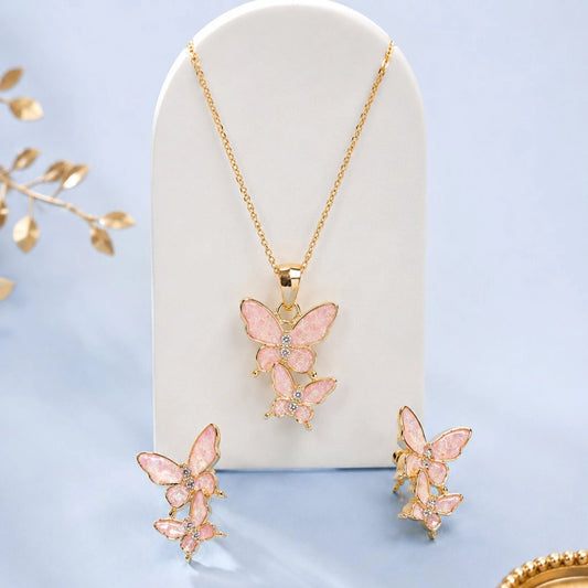 Pink Butterfly Cluster Pendant and Earring Set