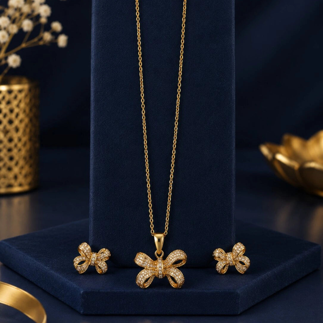 Golden Pave Bow Pendant and Earring Set