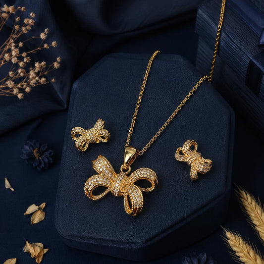 Golden Pave Bow Pendant and Earring Set