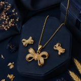 Golden Pave Bow Pendant and Earring Set