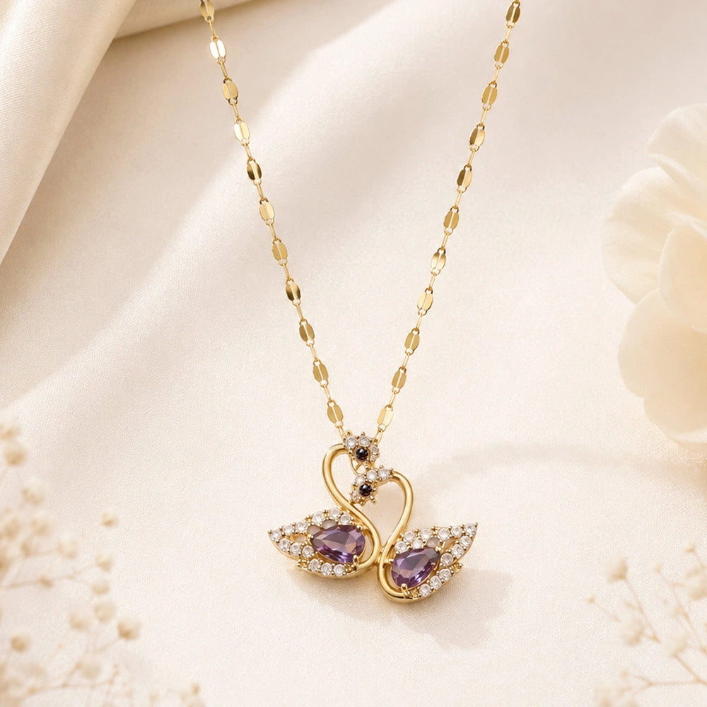 Purple Crystal Double Swan Heart Necklace