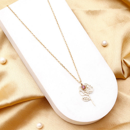 Pink Crystal Rose Cut-Out Pendant Necklace
