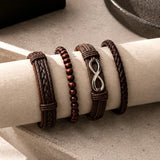 Brown Braided Beaded Leather Bracelet Set