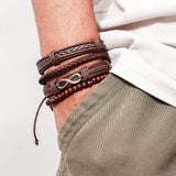 Brown Braided Beaded Leather Bracelet Set