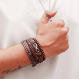 Brown Braided Beaded Leather Bracelet Set
