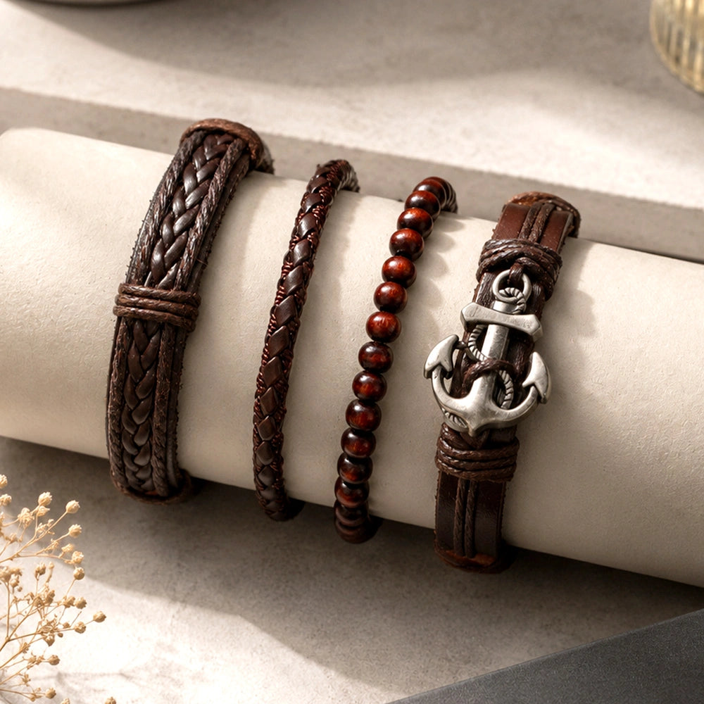 Brown Braided, Beaded & Anchor Charm Bracelet Set