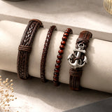 Brown Braided, Beaded & Anchor Charm Bracelet Set