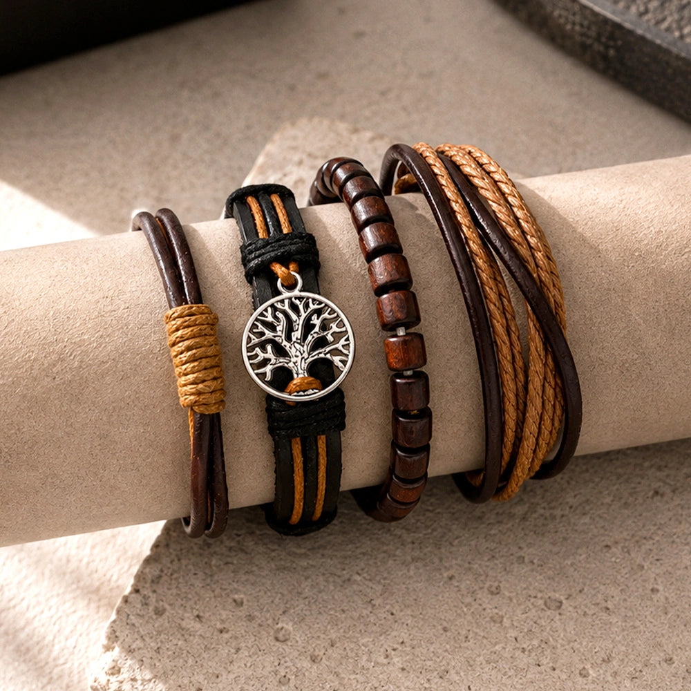 Brown & Black Braided, Beaded & Tree of Life Charm Bracelet Set