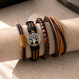 Brown & Black Braided, Beaded & Tree of Life Charm Bracelet Set